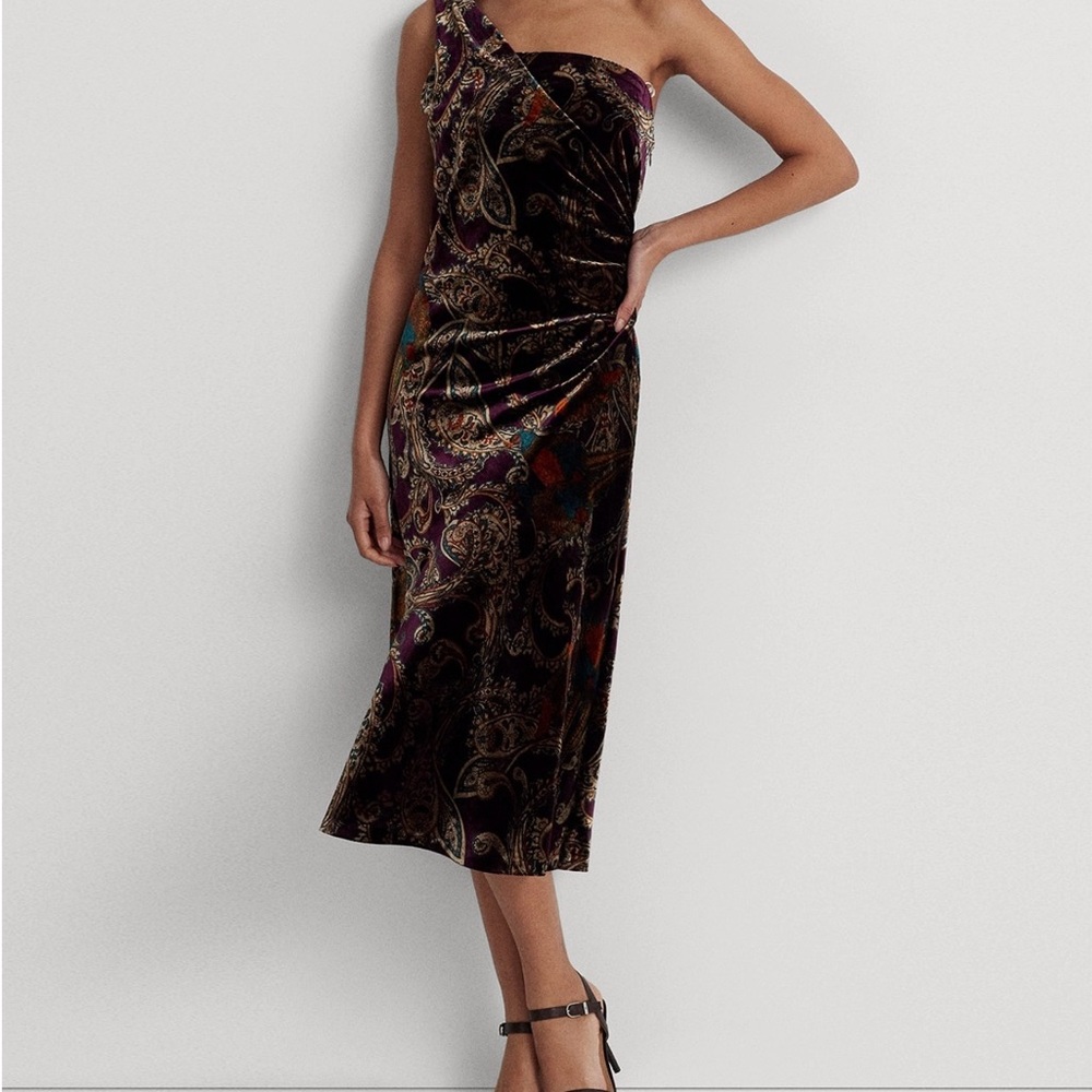 Ralph Lauren velvet one shoulder cocktail dress